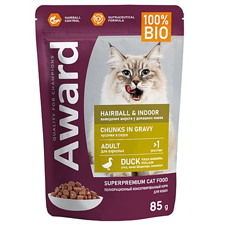Корм д/к Award Hairball пауч 85г Утка/Соус