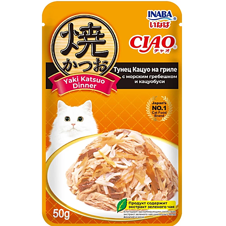Корм д/к INABA пауч 50г Тунец Кацуо на гриле/Гребешок/Кацуобуси