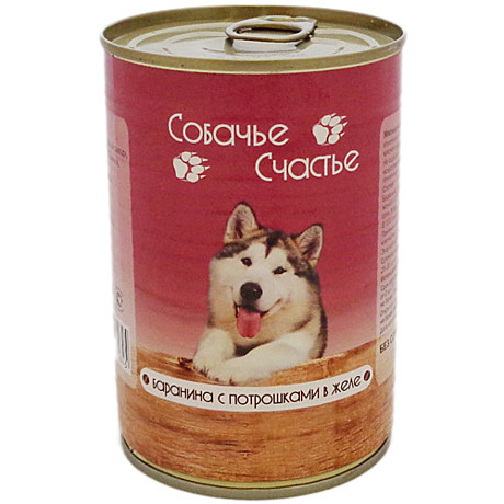Корм д/с Собачье счастье ж/б 410г Баранина/Потрошки/желе