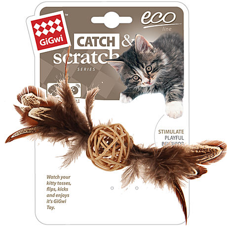 Игрушка д/к GiGwi Catch Мячик плетеный колокольчик/перья 13см