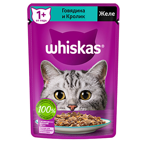 Корм д/к Whiskas пауч 75г Желе Говядина/Кролик