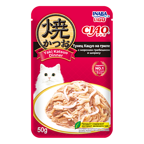 Корм д/к INABA пауч 50г Тунец Кацуо на гриле/Гребешок/Ширасу