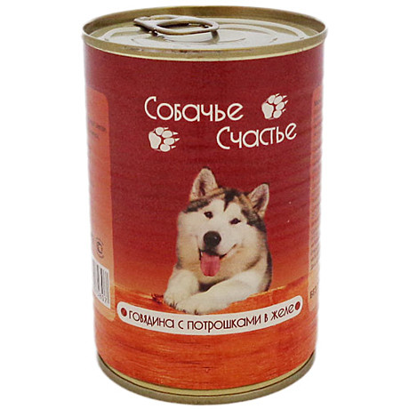 Корм д/с Собачье счастье ж/б 410г Говядина/Потрошки/желе