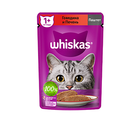 Корм д/к Whiskas пауч 75г Паштет Говядина/Печень