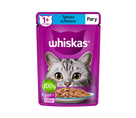Корм д/к Whiskas пауч 75г Рагу Треска/Лосось
