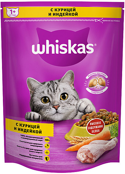 Корм д/к Whiskas 800г Подушечки Курица/Индейка